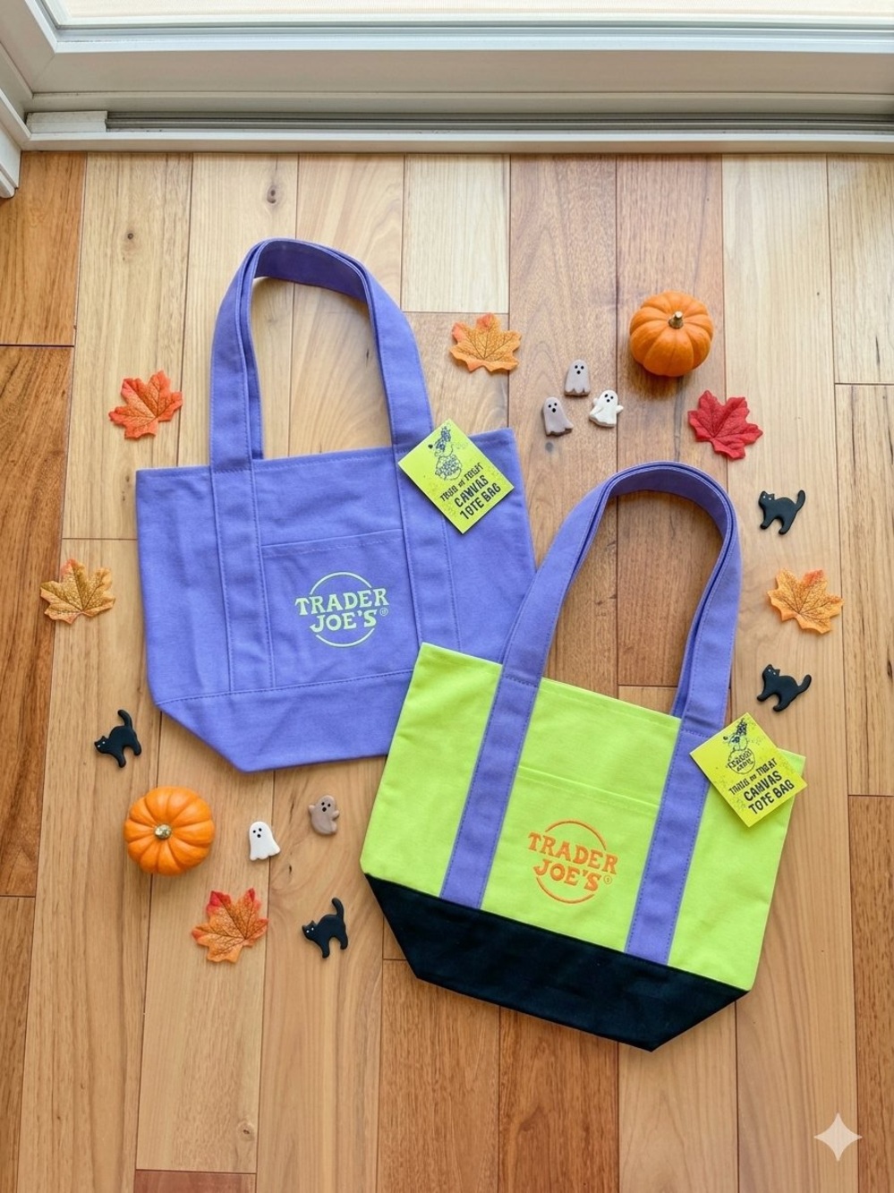 Trader Joe’s Trick-or-Treat Mini Canvas Totes Set of 2 Purple Green NWT